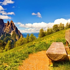 Bench, Mountains, Meadow