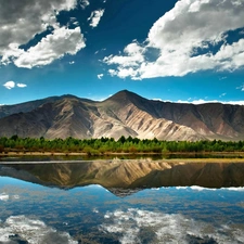 River, clouds, reflection, Mountains