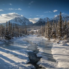 Mountains, River, winter, forest