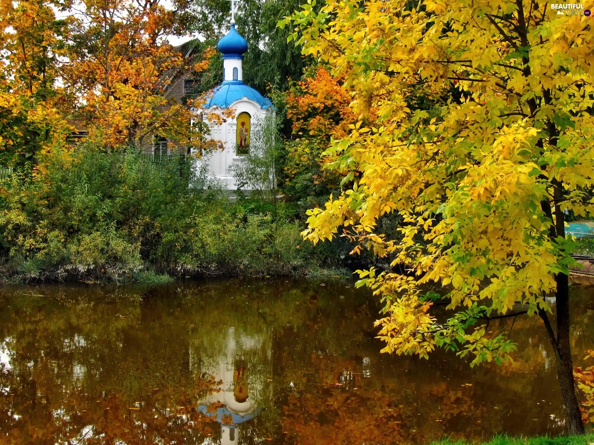 chapel, autumn, trees, viewes, River
