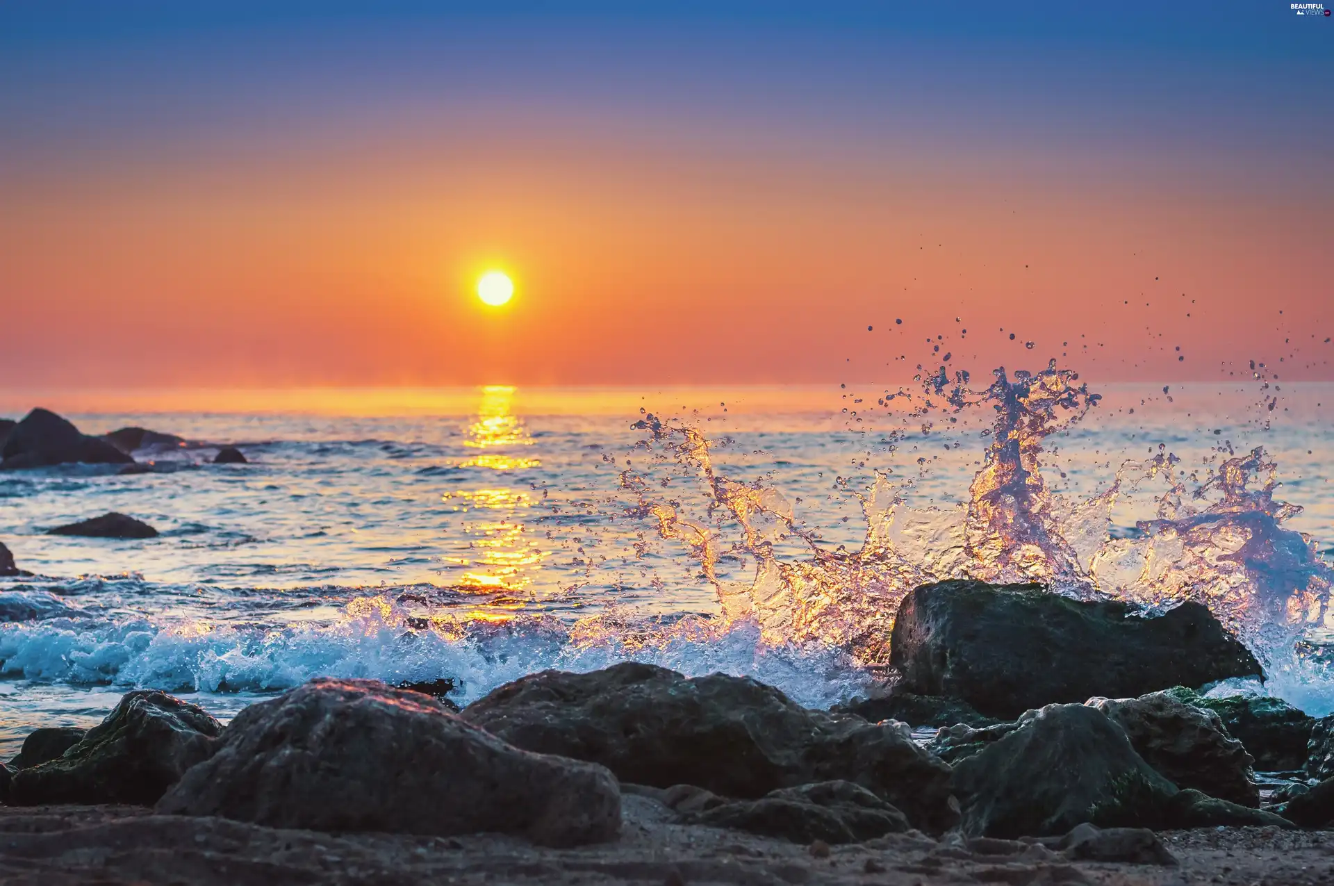 Stones, summer, Waves, Great Sunsets, sea - Beautiful ...