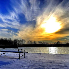 Great Sunsets, winter, Bench, lake