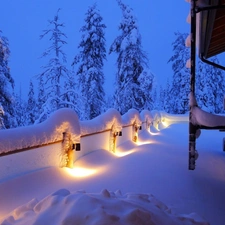 overwhelmed, terrace, Lamps, snow