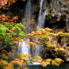 viewes, autumn, rocks, trees, waterfall