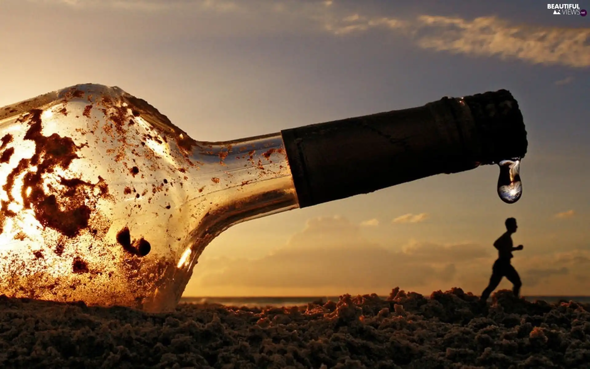 Bottle, water, a man, drop