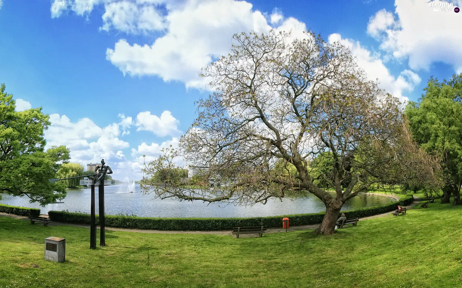 Alleys, clouds, Pond - car, fountain, Park