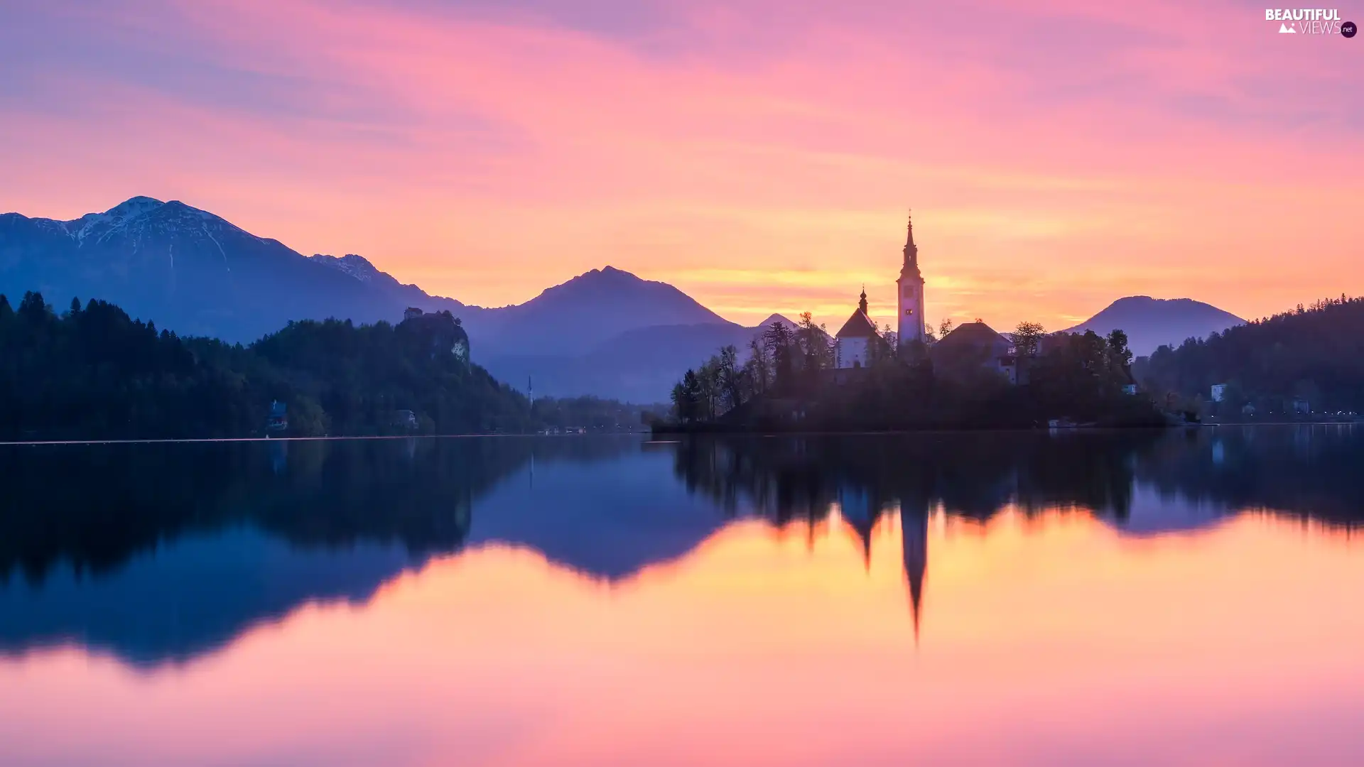 Church of the Annunciation of the Virgin Mary, Lake Bled, Sunrise, Blejski Otok Island, Slovenia, Julian Alps Mountains, reflection