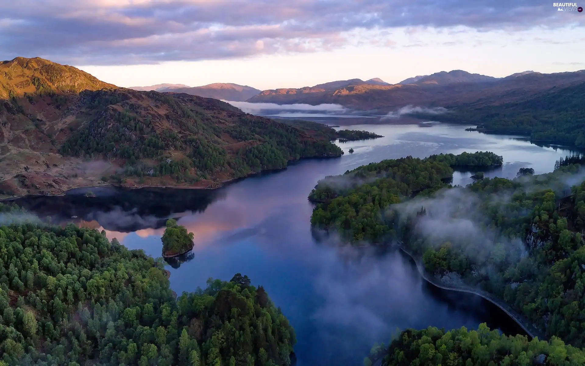 Loch Katrine Lake, Loch Lomond and the Trossachs National Park, Aerial View, Mountains, Fog, Stirling County, Scotland, woods