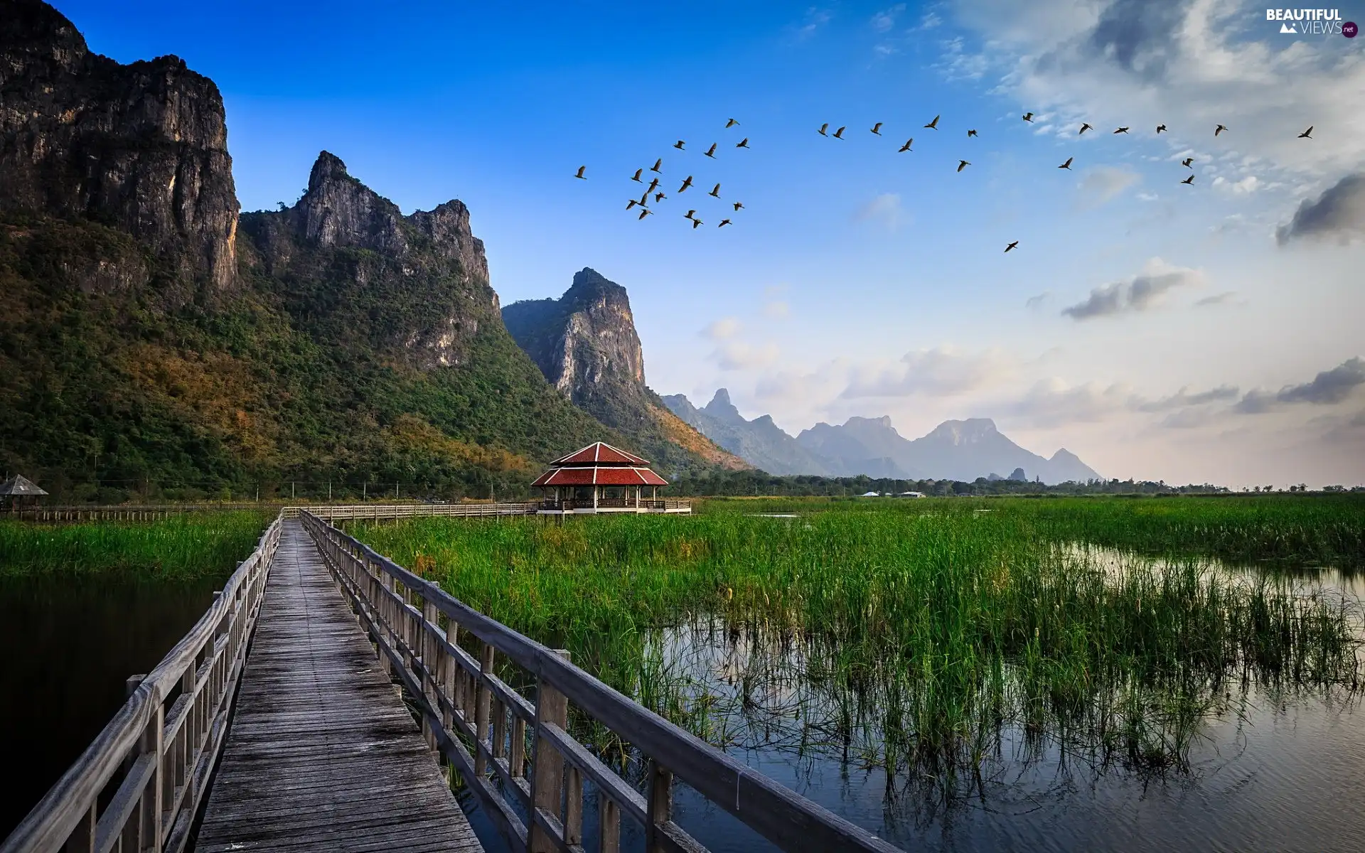 Mountains, Platform, arbour, pool