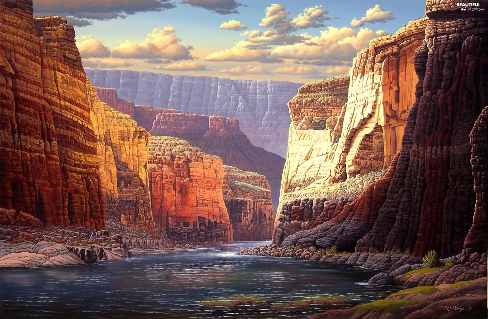 clouds, River, Art, canyons