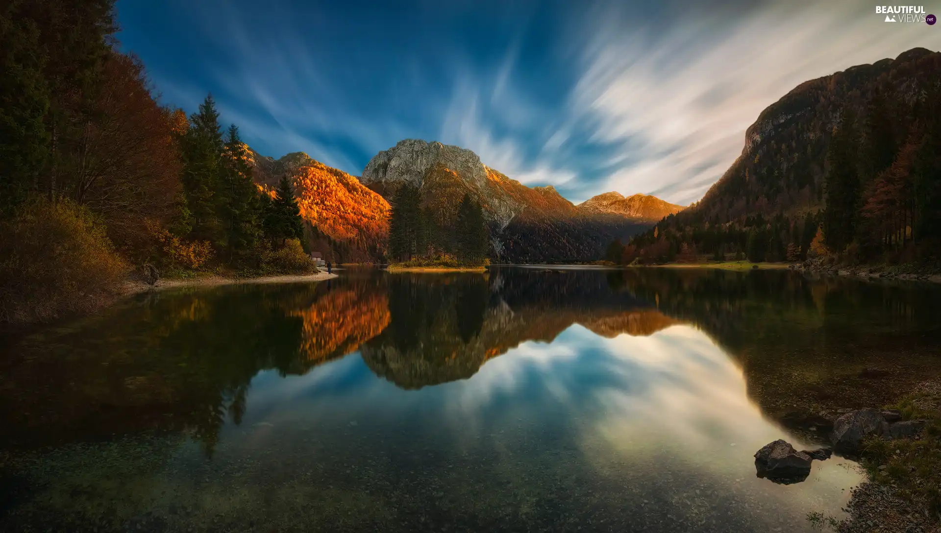 trees, Mountains, reflection, autumn, viewes, lake