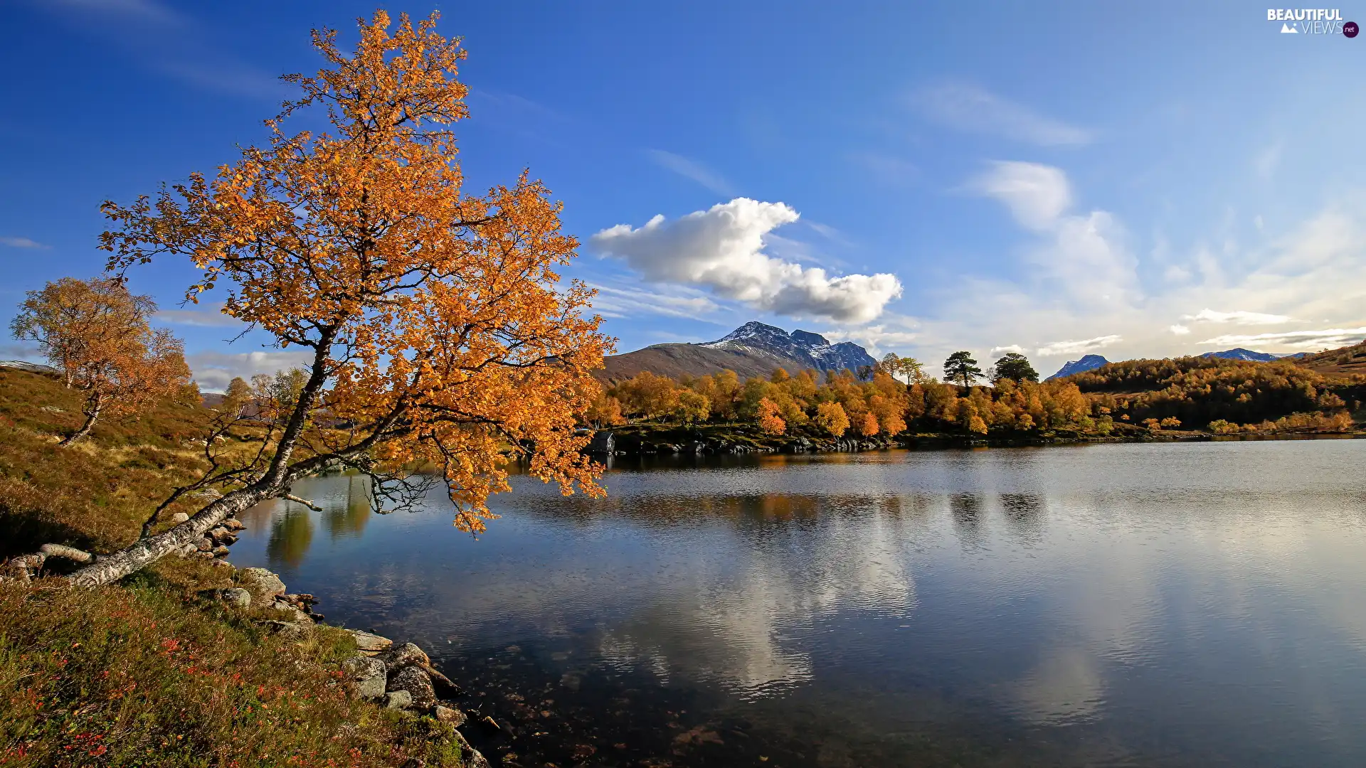 clouds, autumn, lake, Mountains, trees