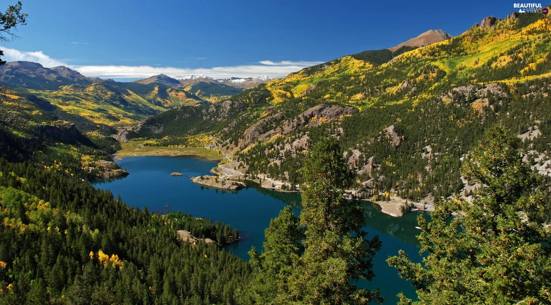 Mountains, woods, autumn, lake