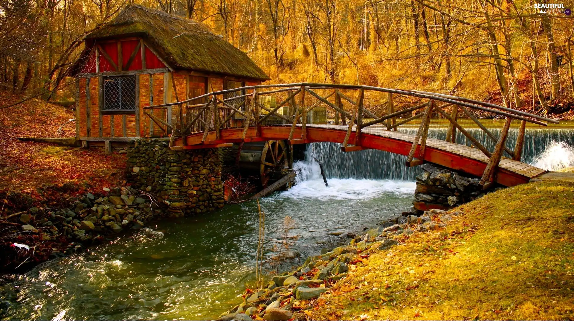 River, bridges, autumn, waterfall