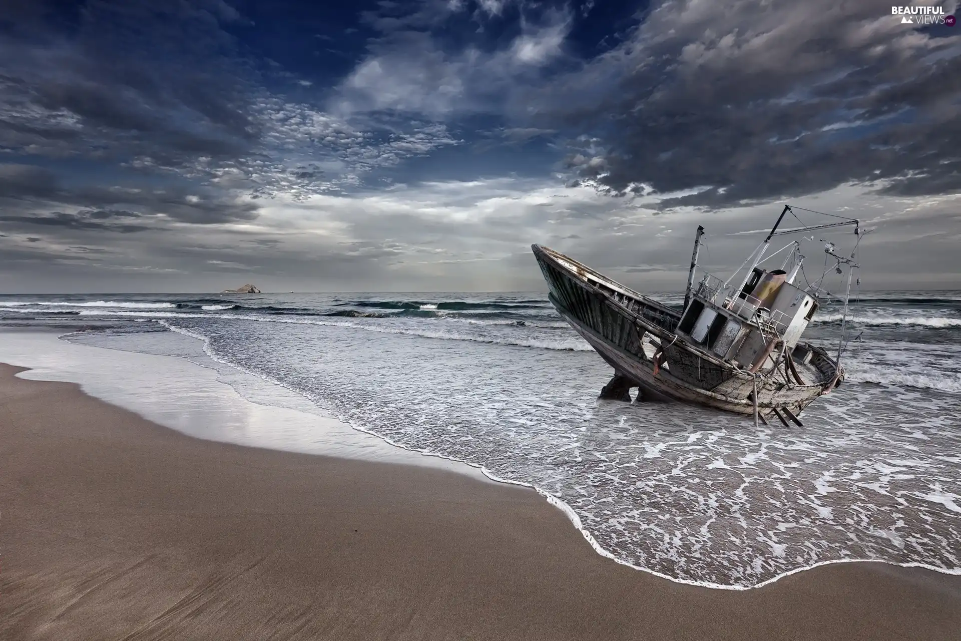 sea, clouds, Beaches, Ship