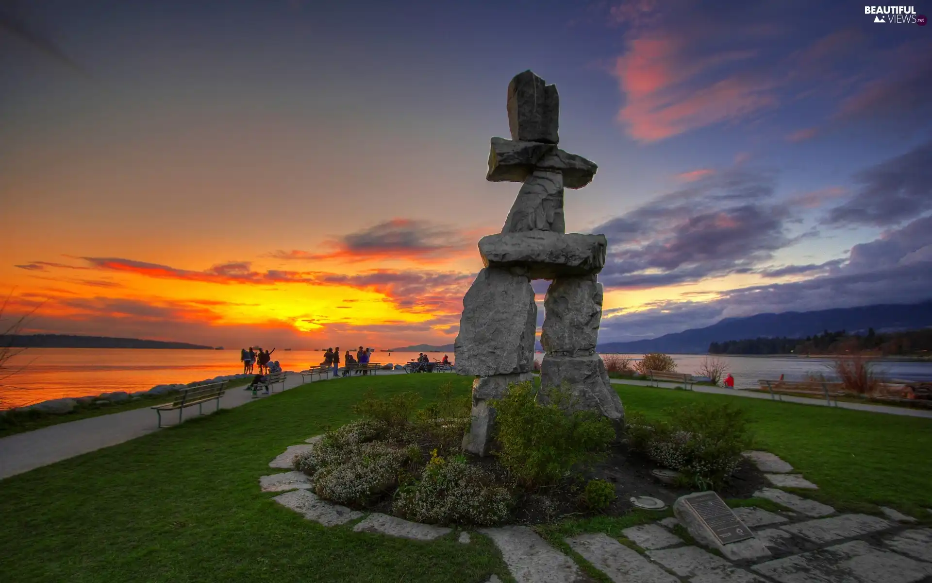 People, Monument, sea, bench, bench, Great Sunsets