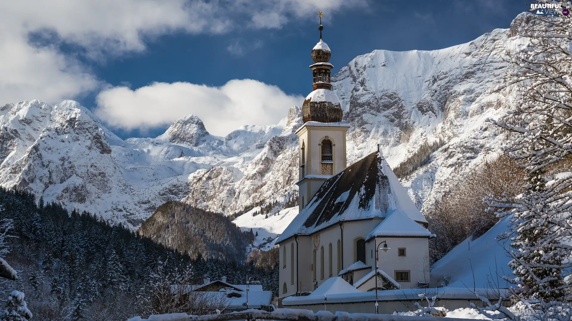 Alps Mountains, Bavaria, Ramsau bei Berchtesgaden, viewes, Church of St. Sebastian, Germany, Berchtesgaden National Park, winter, trees, Snowy