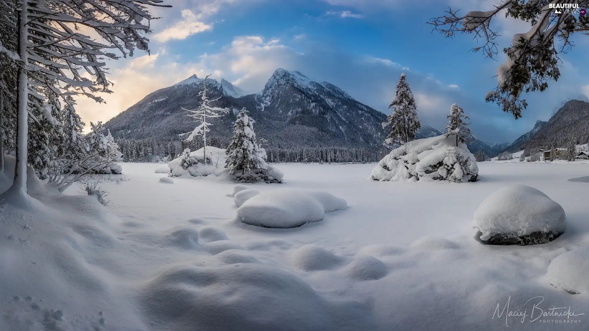 Lake Hintersee, Mountains, trees, Bavaria, viewes, winter, Alps, Germany, Berchtesgaden Municipality, snowy