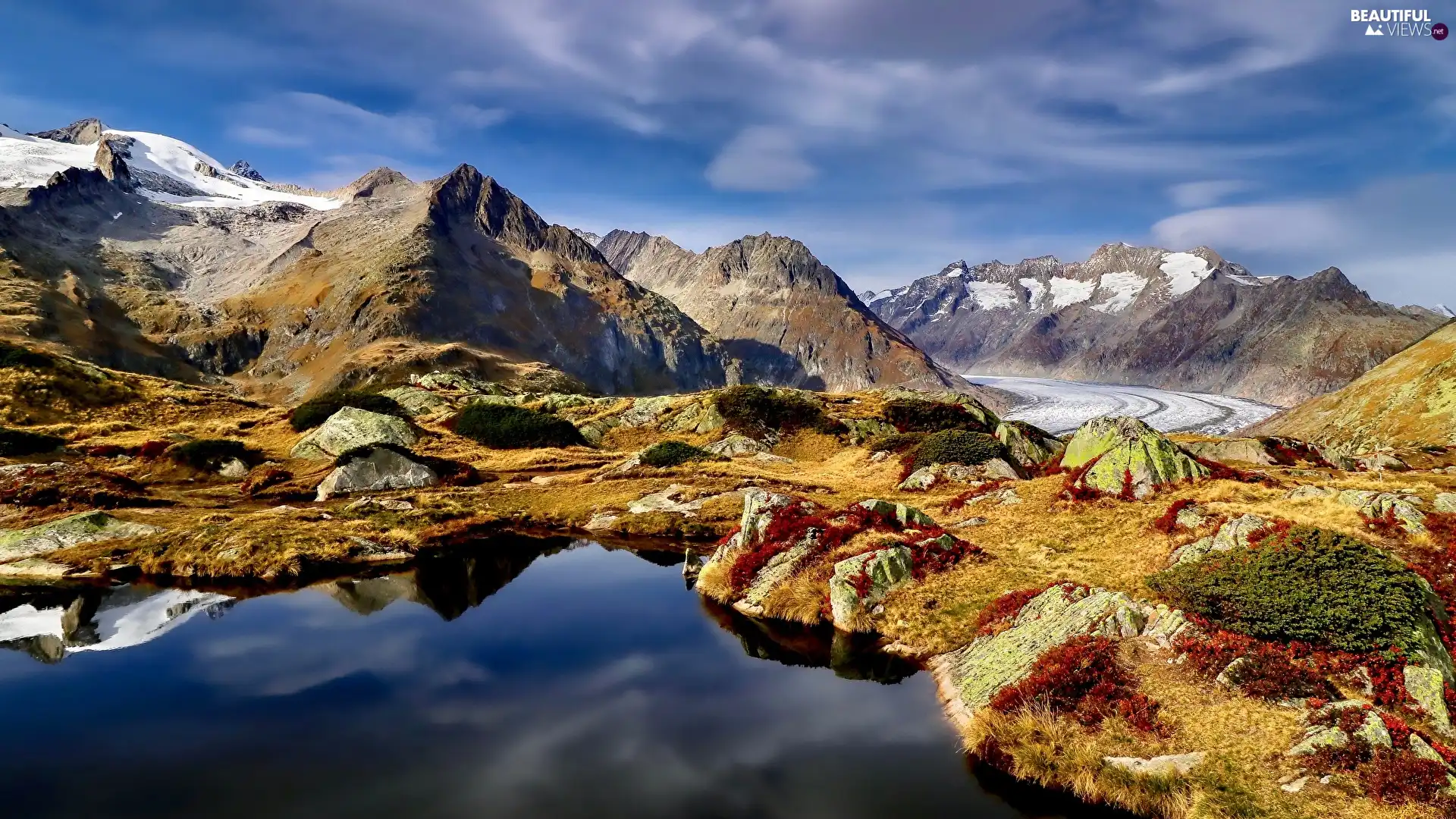 Bernese Alps, Aletschgletscher, Canton of Valais, Mountains, glacier, puddle, Switzerland