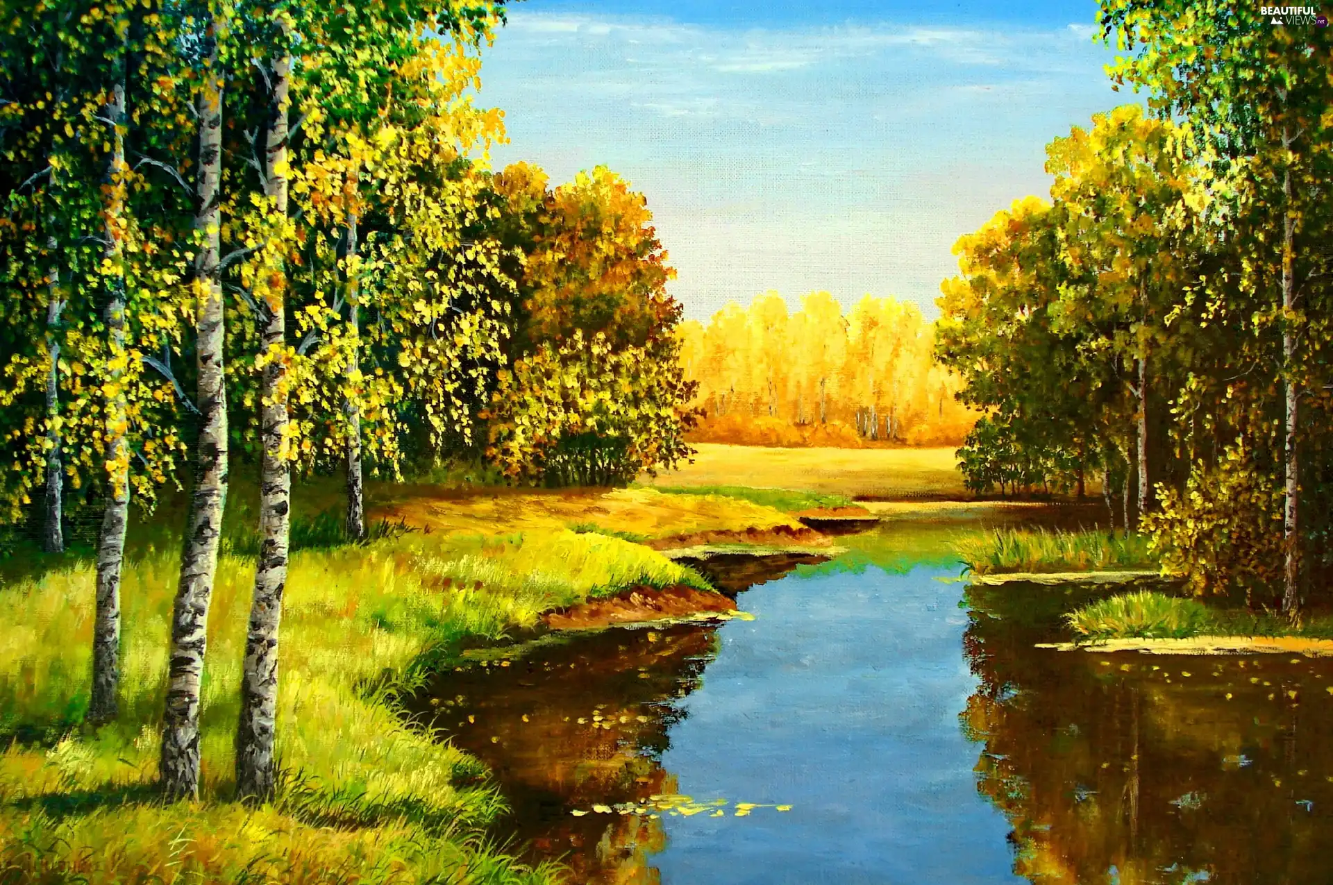 birch, River, autumn