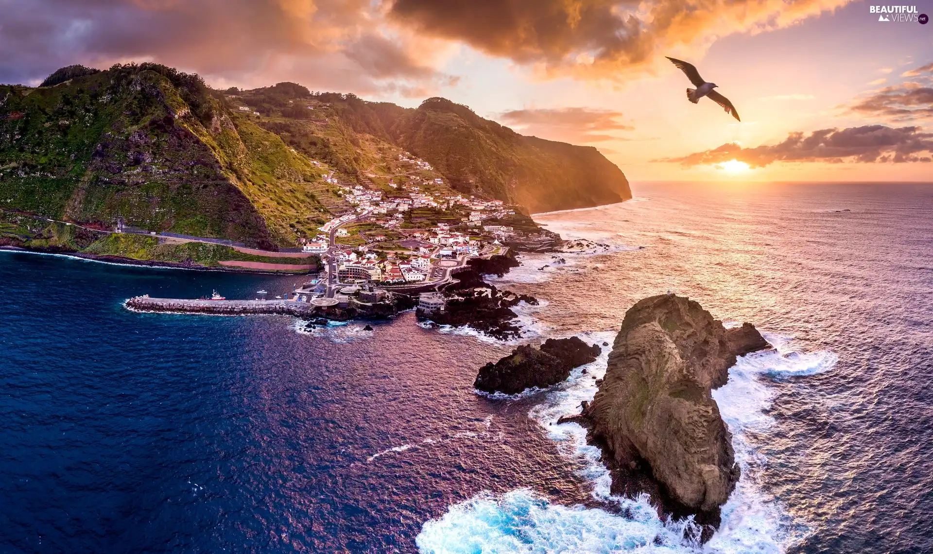 Mountains, Town, clouds, Houses, Sunrise, rocks, sea, Bird