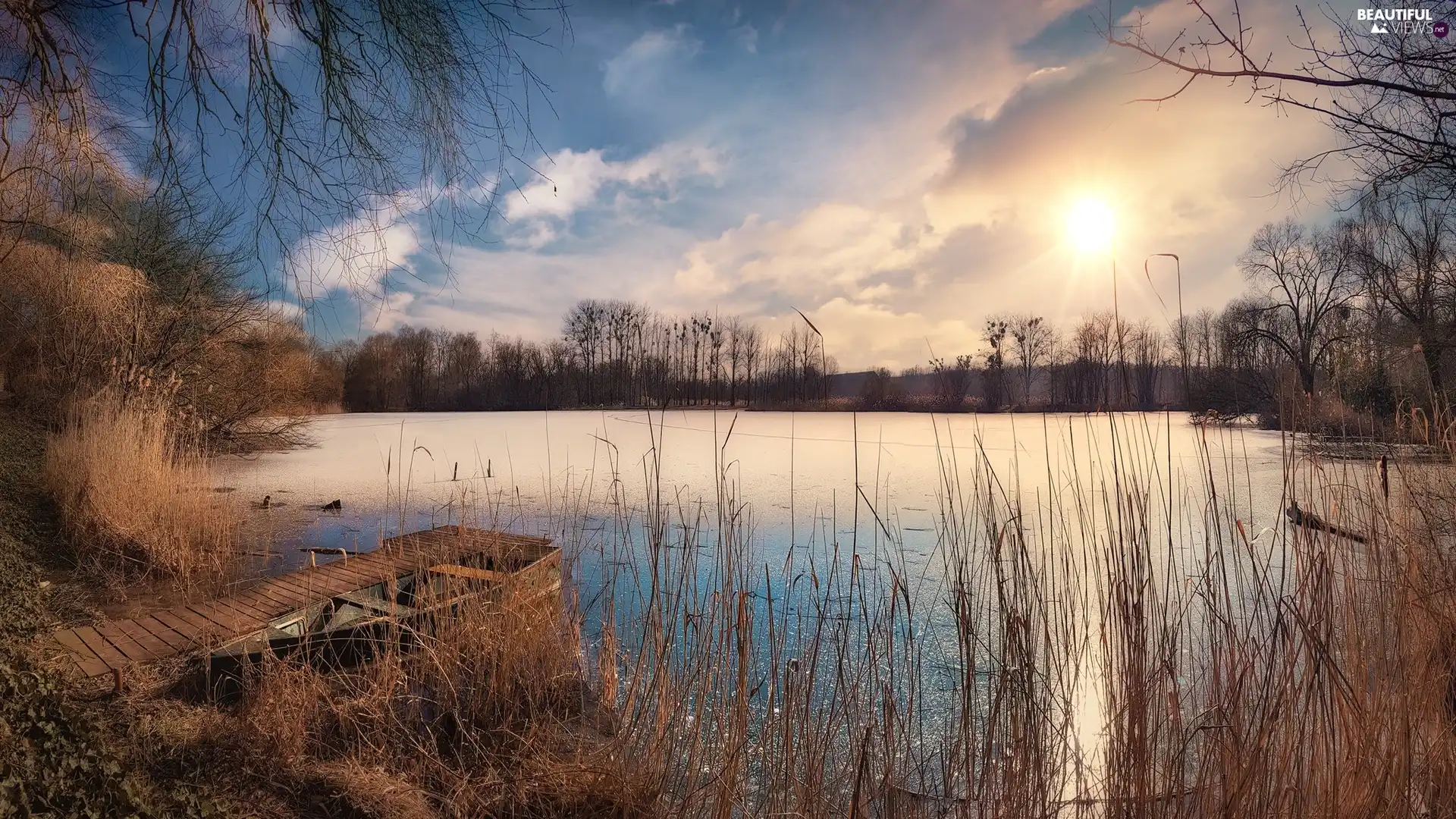 cane, Platform, viewes, Boat, lake, trees, Sunrise