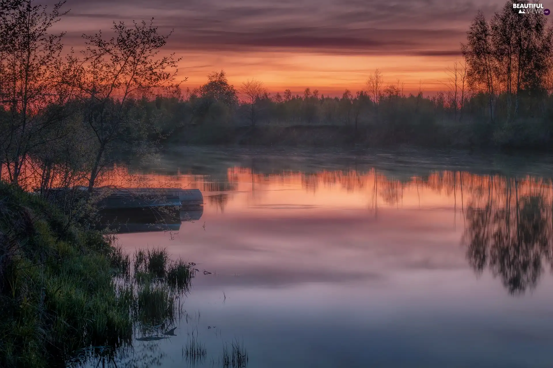 boats, trees, Latgale, viewes, Great Sunsets, Dubna River, Latvia