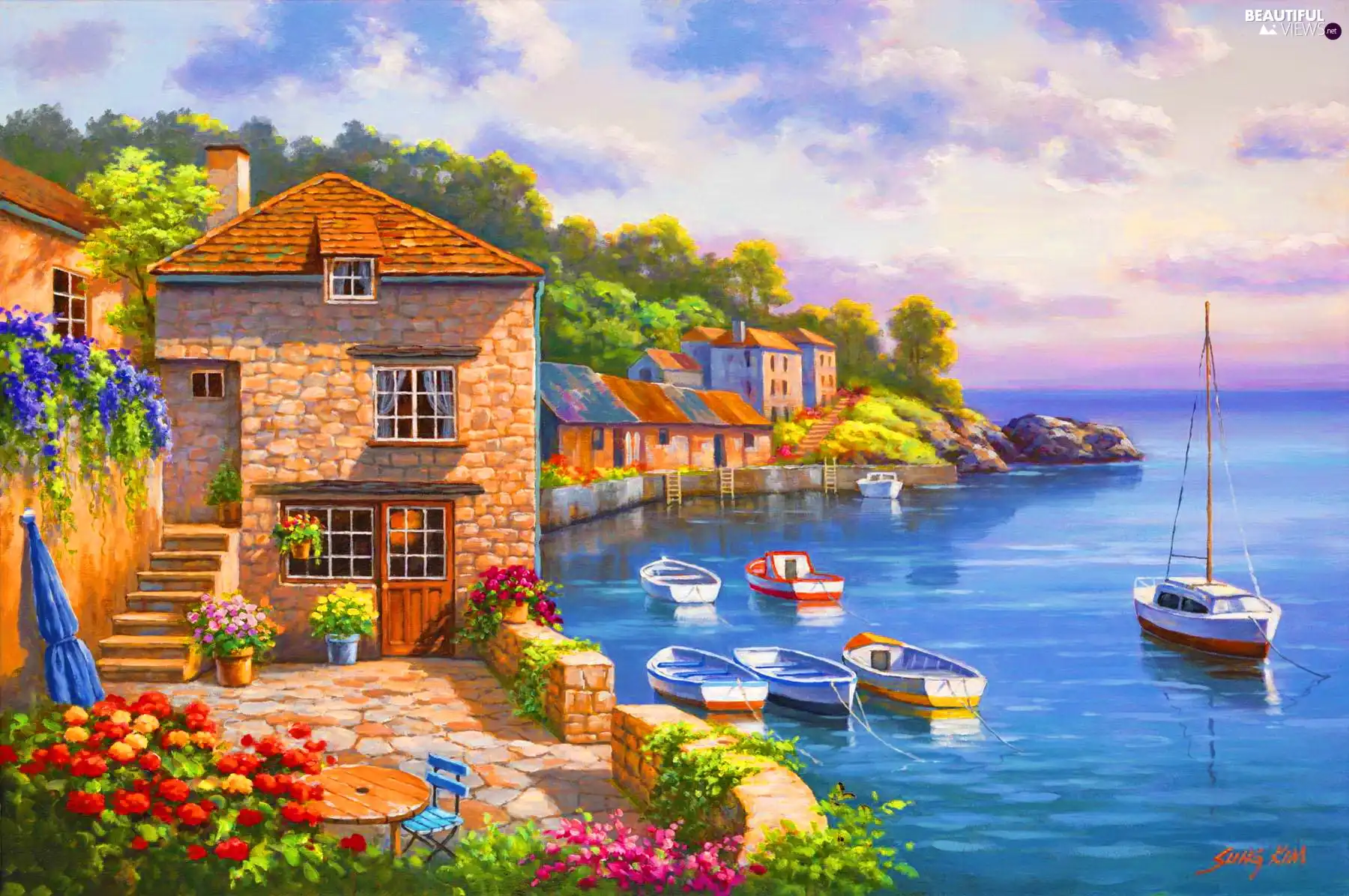 house, sea, boats, terrace