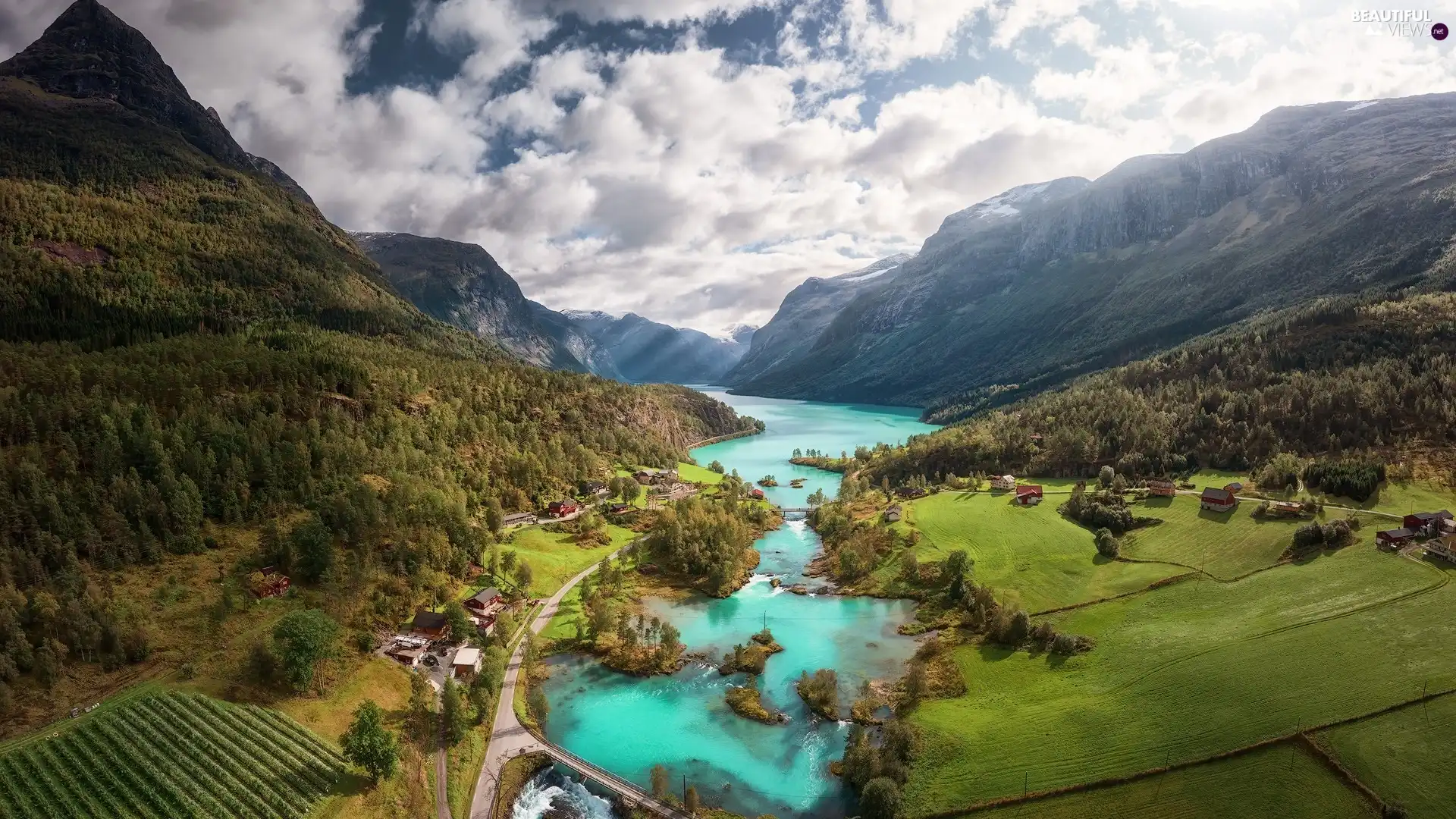 trees, viewes, clouds, River, Houses, forest, Mountains, bridge