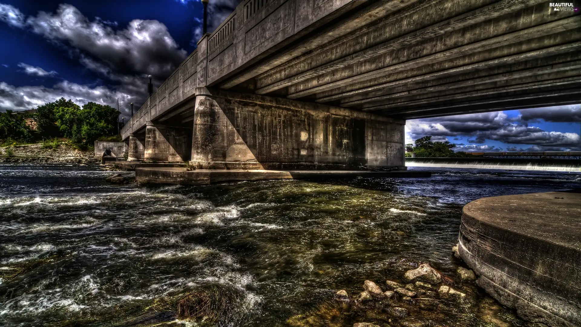 bridge, clouds, River