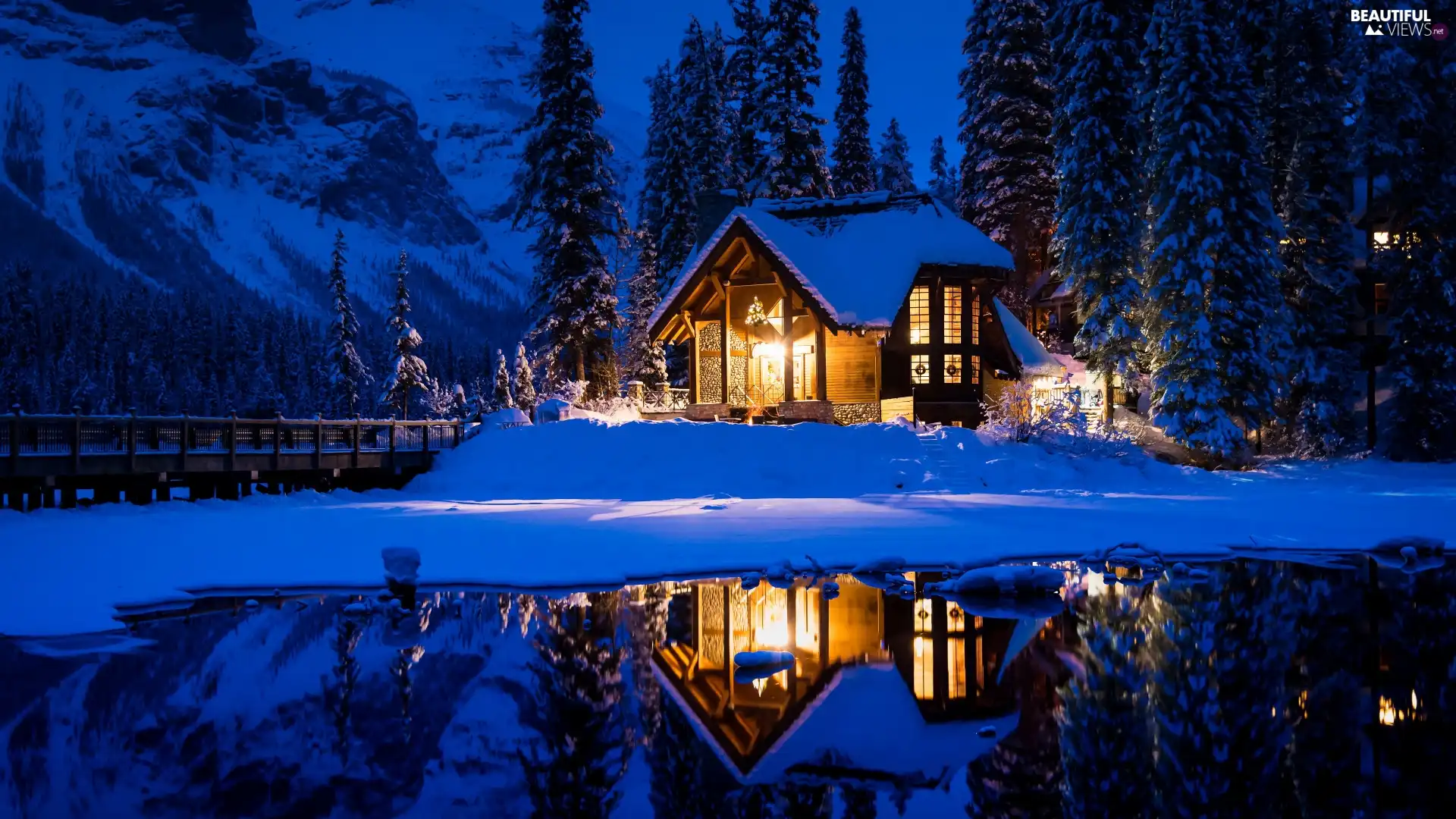 Mountains, Floodlit, Province of British Columbia, winter, Canada, trees, Emerald Lake, forest, snow, Yoho National Park, bridge, viewes, house