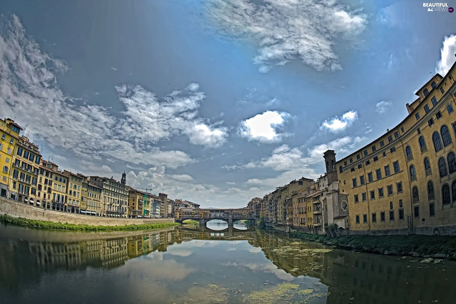 buildings, River, clouds