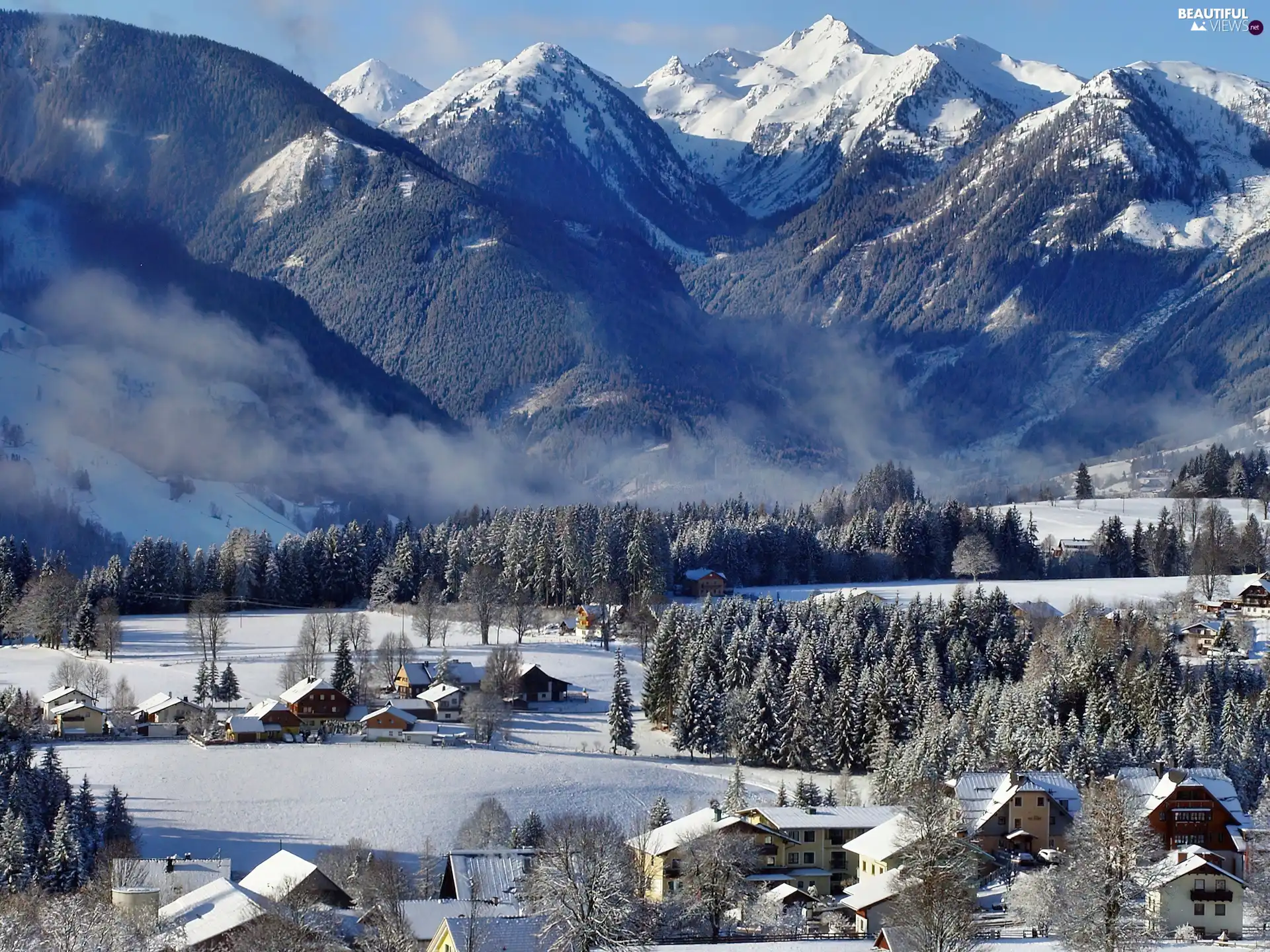 buildings, winter, Mountains