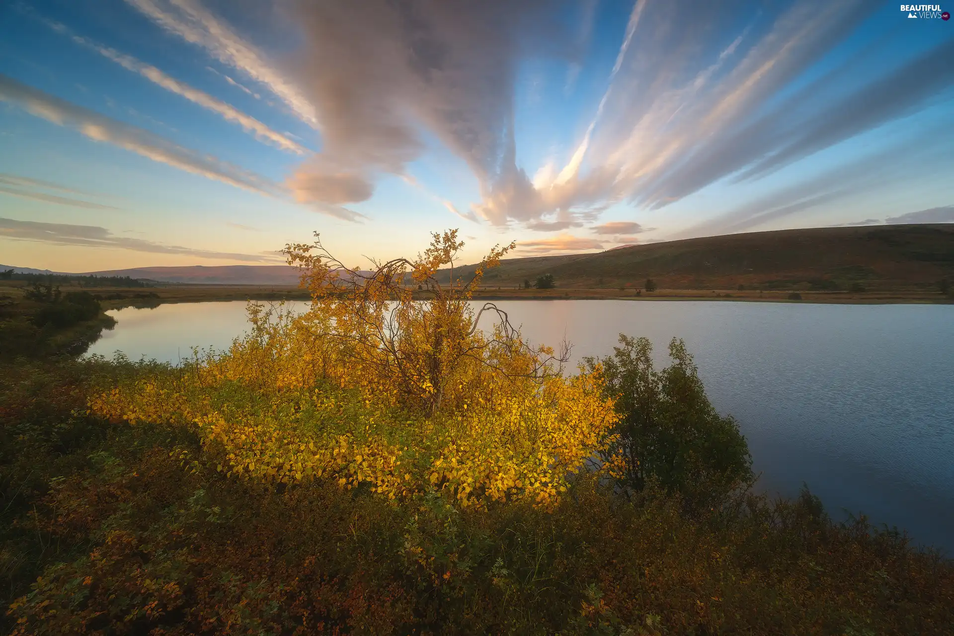 lake, Mountains, clouds, Bush