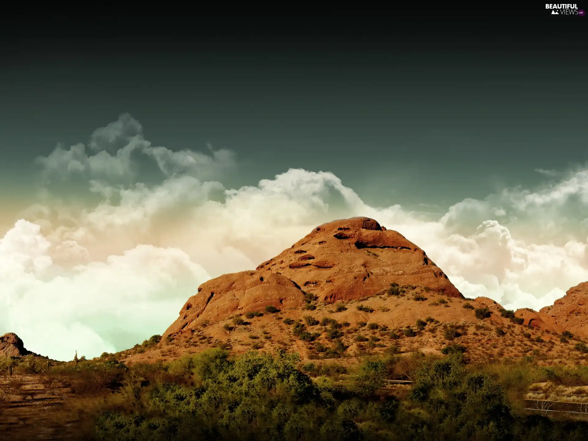 Bush, Way, clouds, Hill, Sky