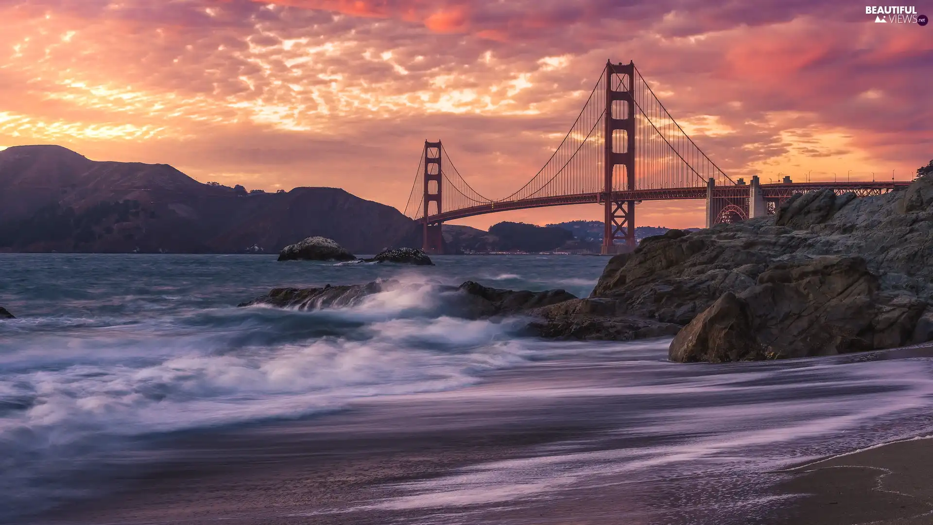 bridge, Great Sunsets, Golden Gate, rocks, California, The United States, Golden Gate Strait, San Francisco, Waves