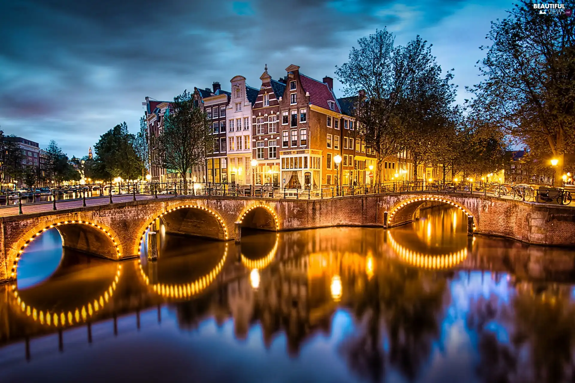 canal, Bridges, night, apartment house, Amsterdam