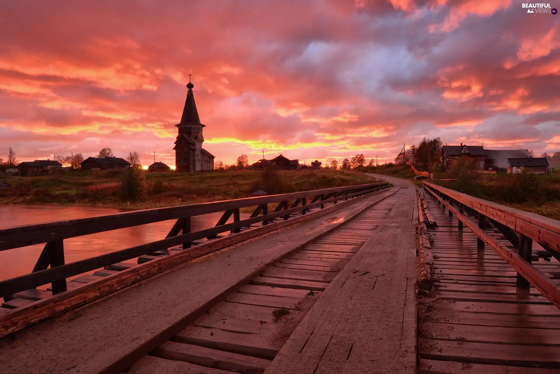 Cerkiew, Houses, Great Sunsets, trees, clouds, River, bridge, viewes