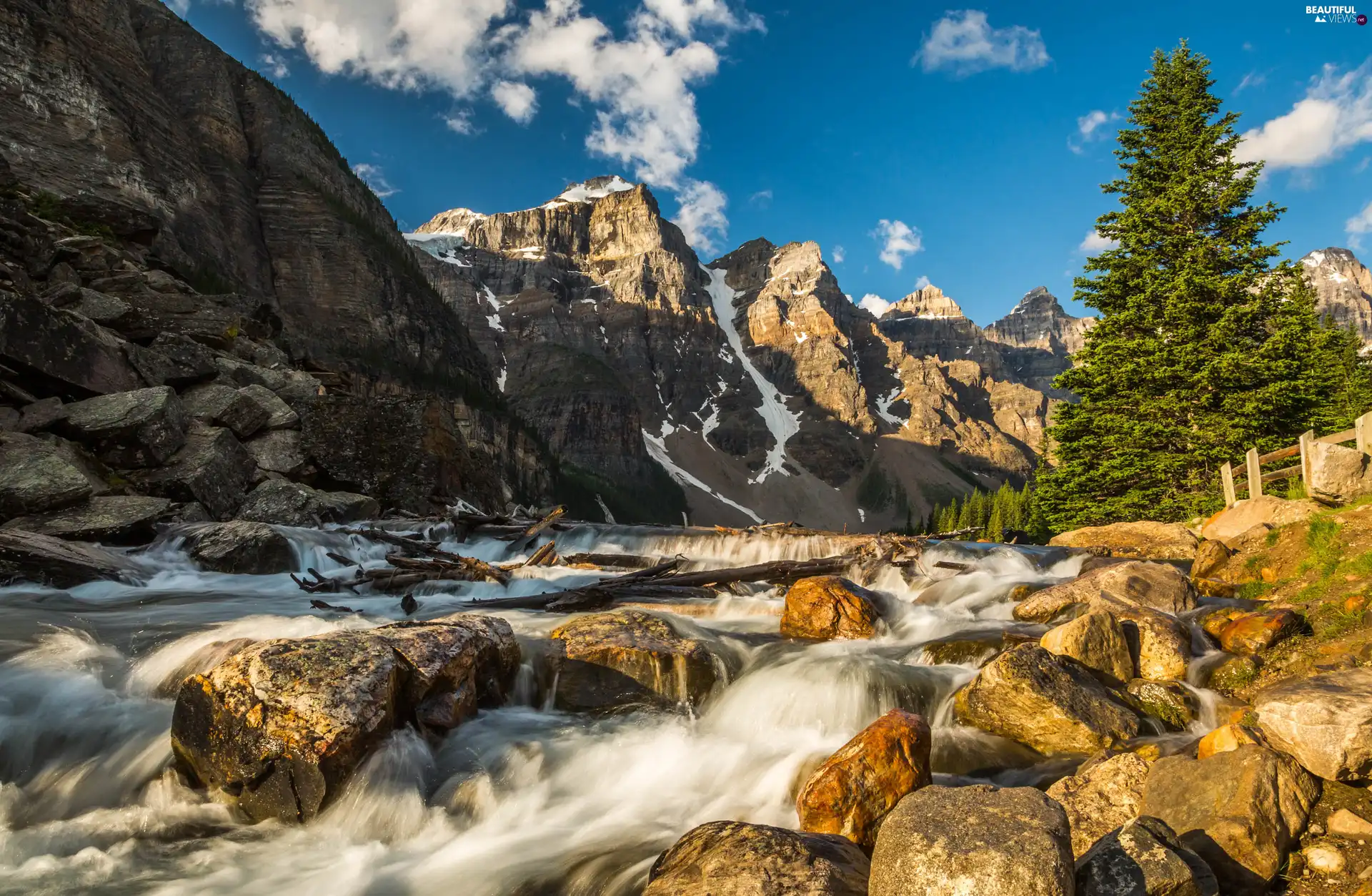 Mountains, clouds, christmas tree, waterfall