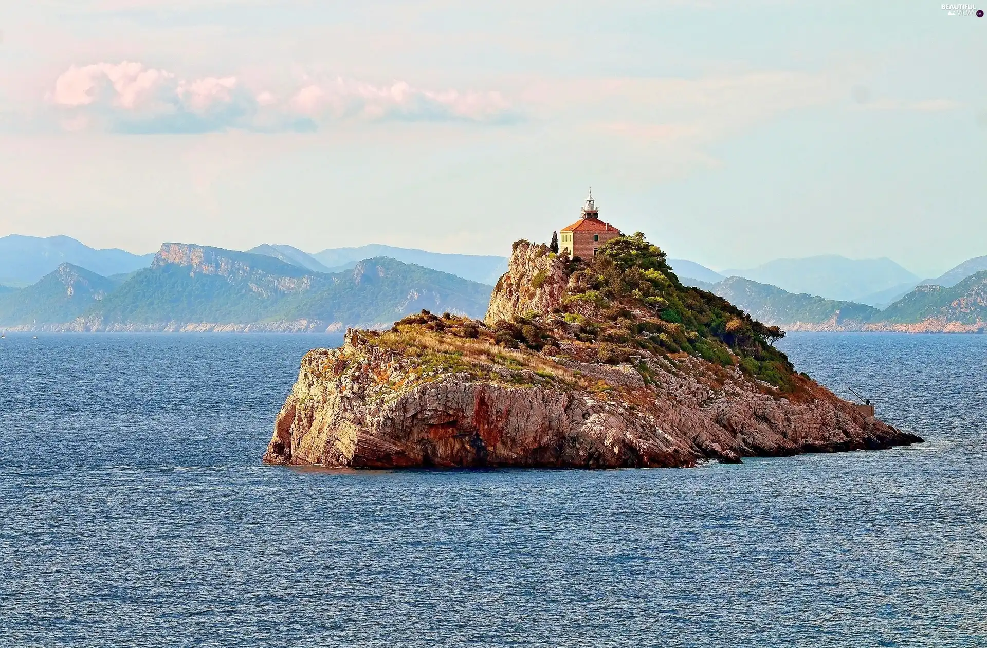 Mountains, Islet, Church, sea