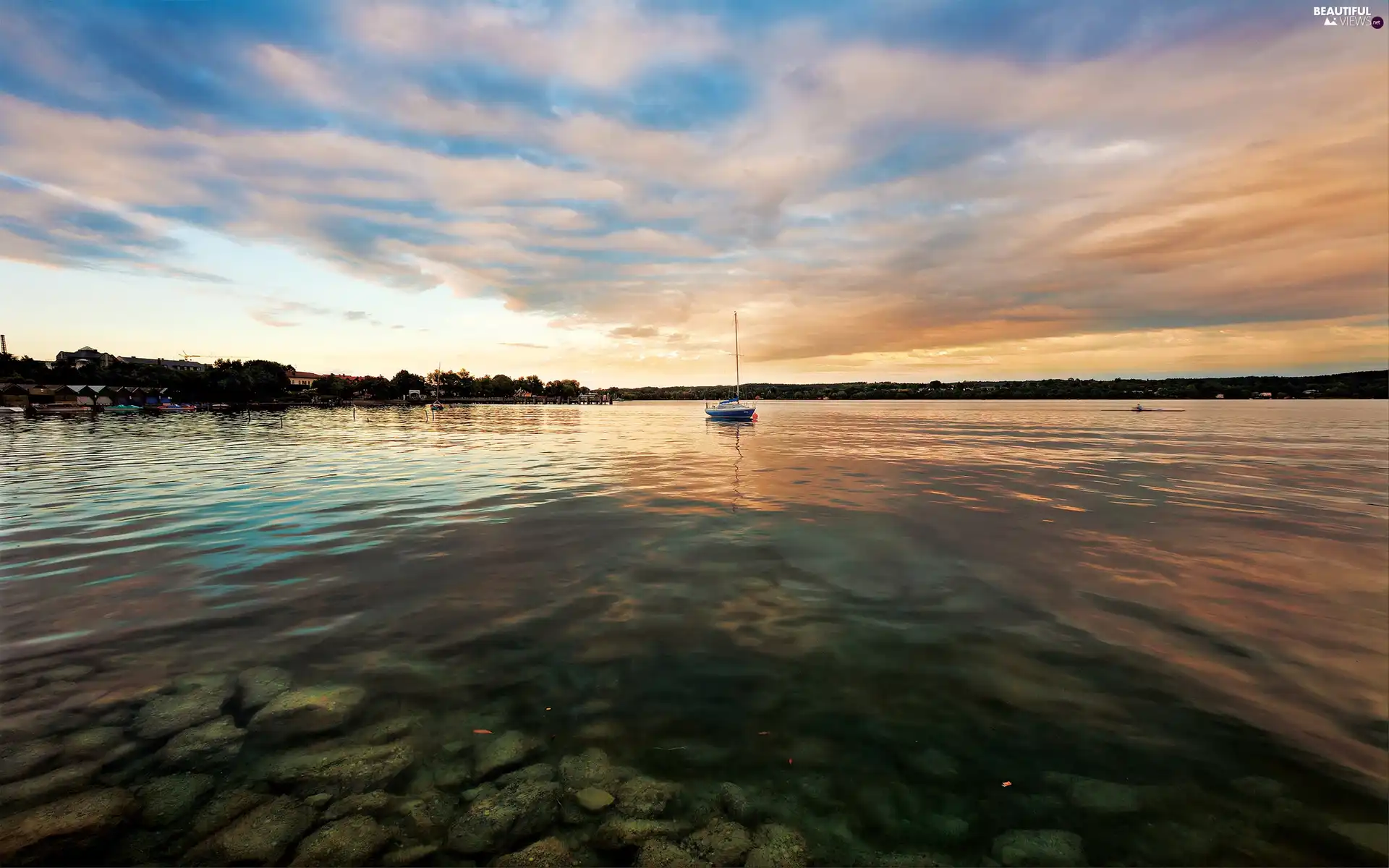 clouds, lake, Boat