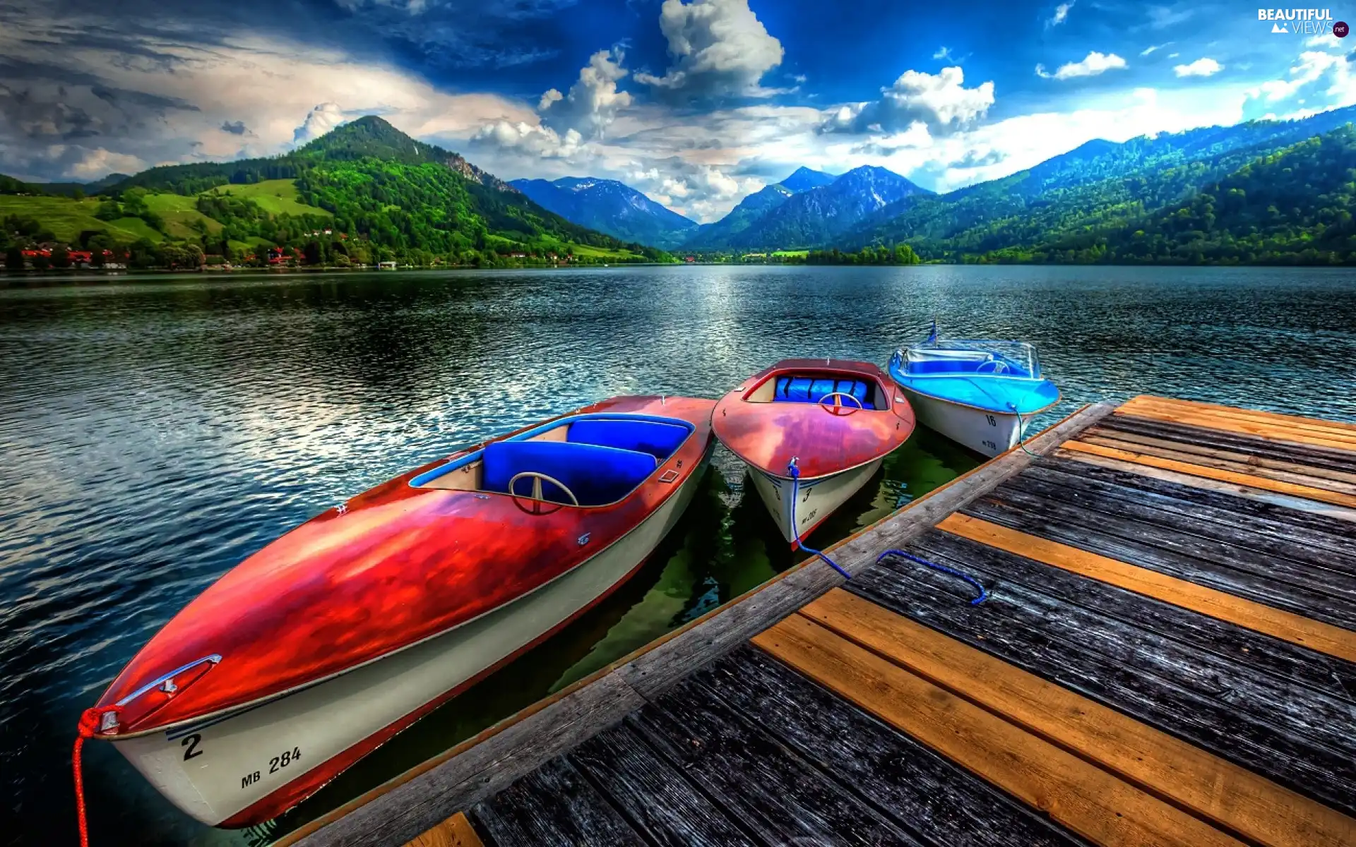 clouds, boats, lake, Mountains, pier