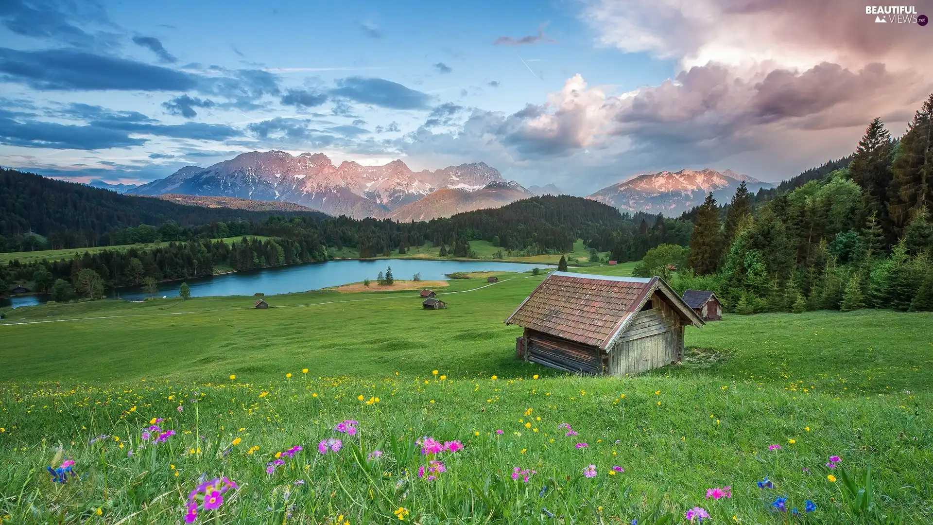 viewes, Krun City, Germany, Home, Mountains, Geroldsee Lake, Bavaria, clouds, Meadow, trees