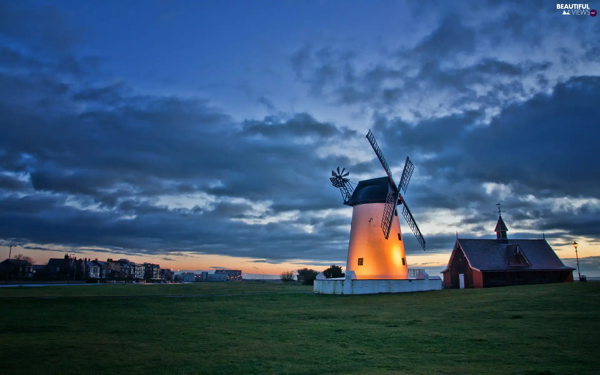 clouds, England, Meadow, village, Windmill