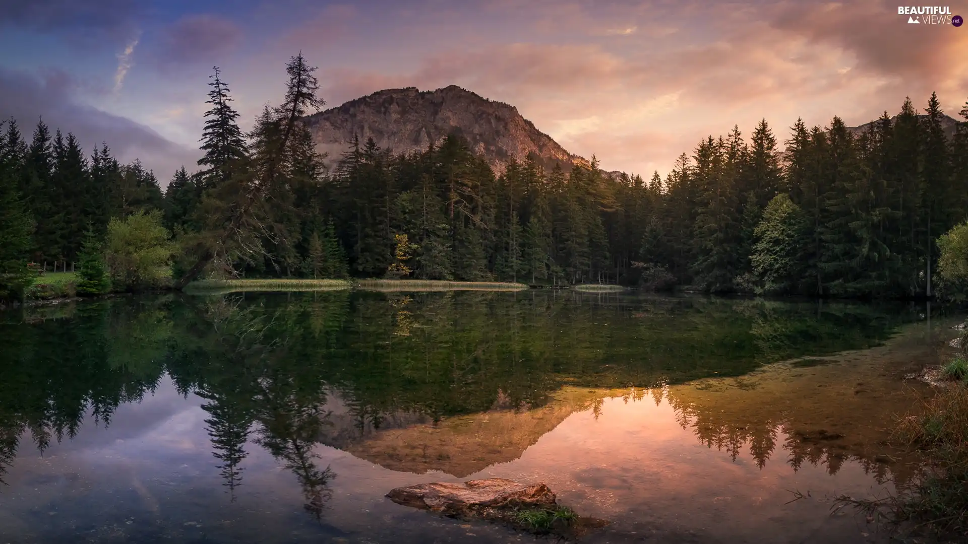 Sunrise, clouds, forest, lake, Mountains