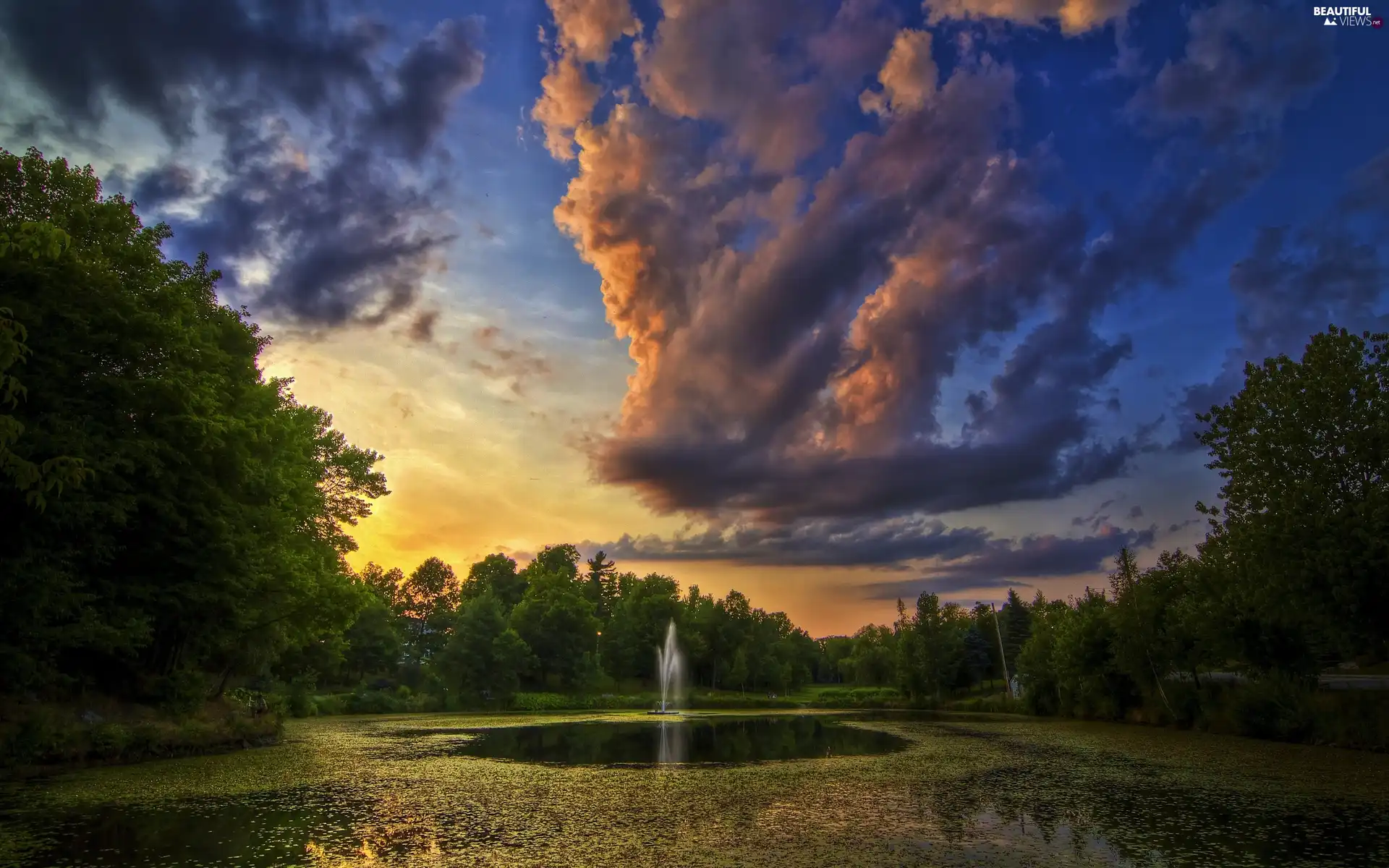 fountain, viewes, clouds, trees