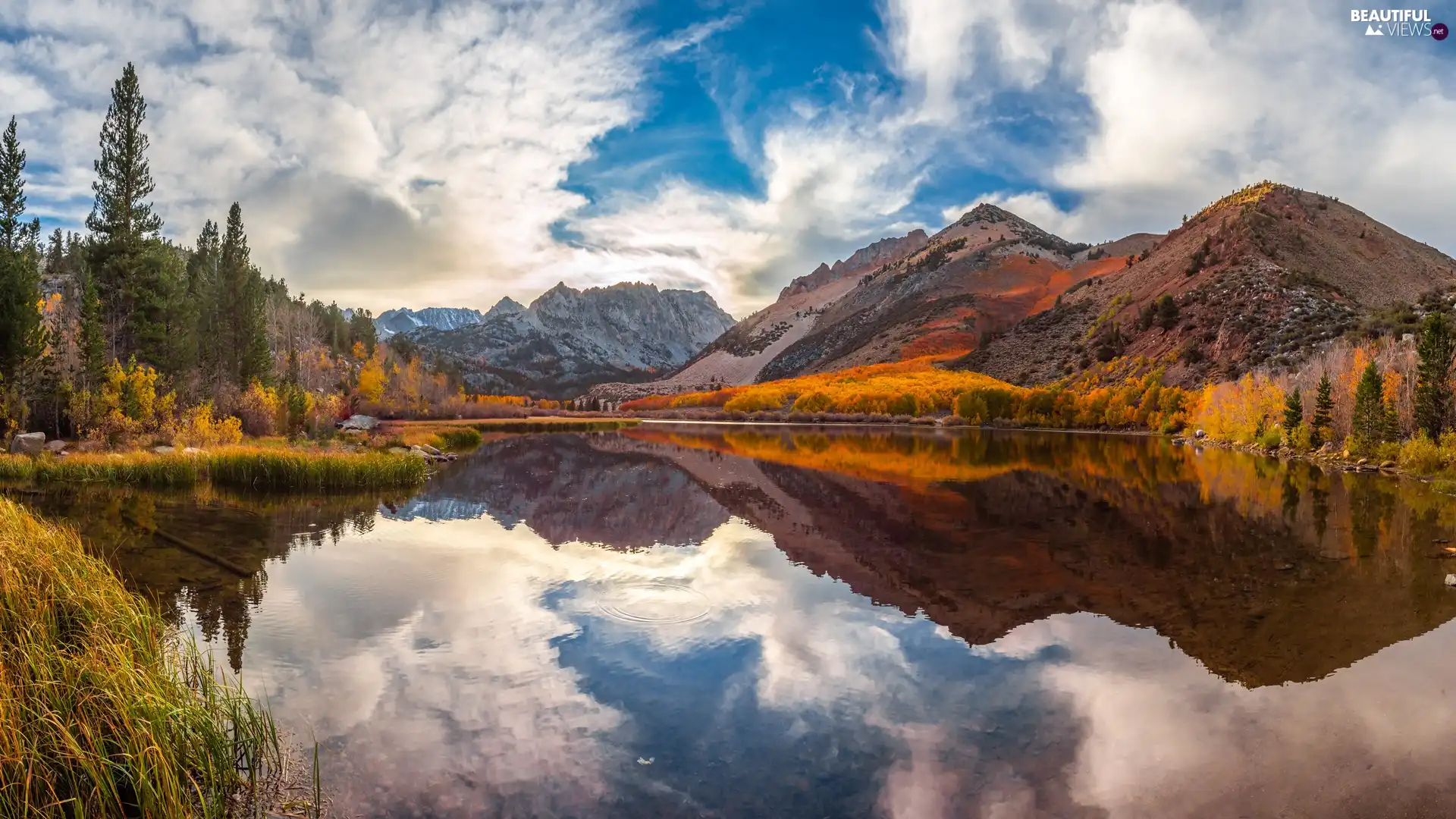 trees, Mountains, autumn, clouds, viewes, lake