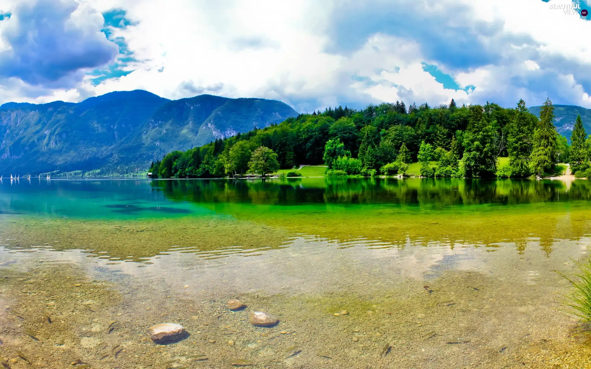 lake, Mountains, clouds, woods