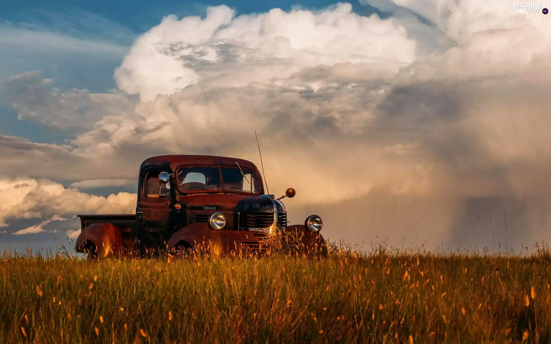 clouds, Pickup, Meadow