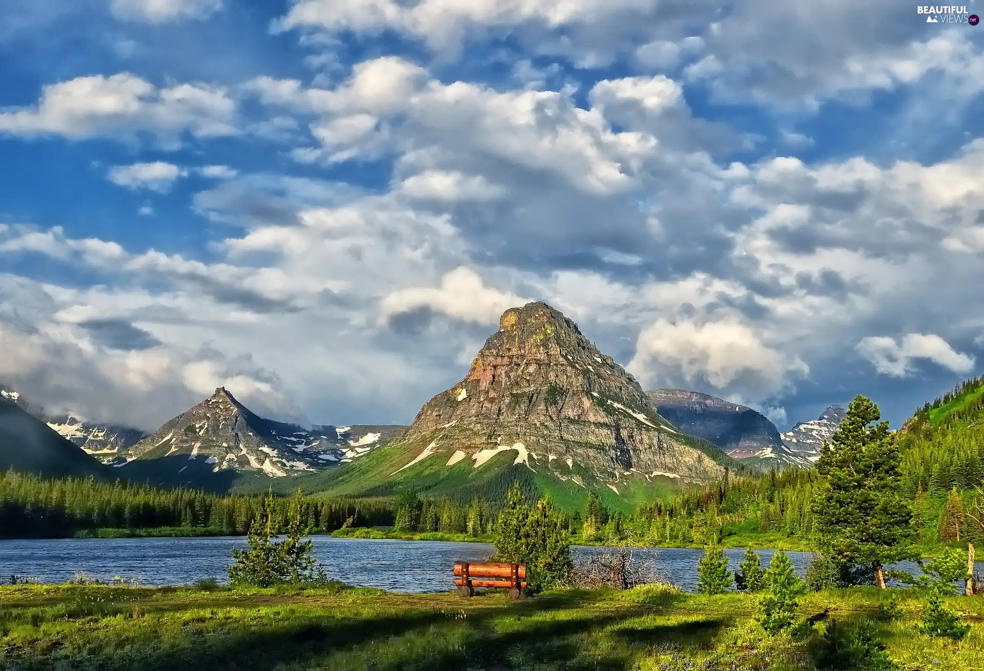 Mountains, Bench, clouds, lake